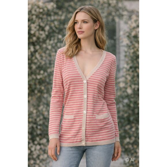 Talbots Sweaters - Talbots Petite Pink & Cream Striped Merino Wool Cardigan Pure Italian Merino Med